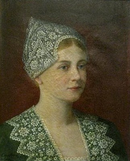 Bust Of Dutch Woman In Green With Lace Hat